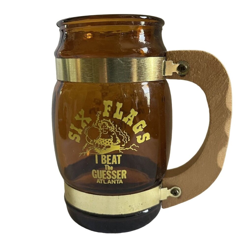 Six Flags I Beat the Guesser Atlanta Amber Barrel Mug Wood Handle Souvenir Vtg